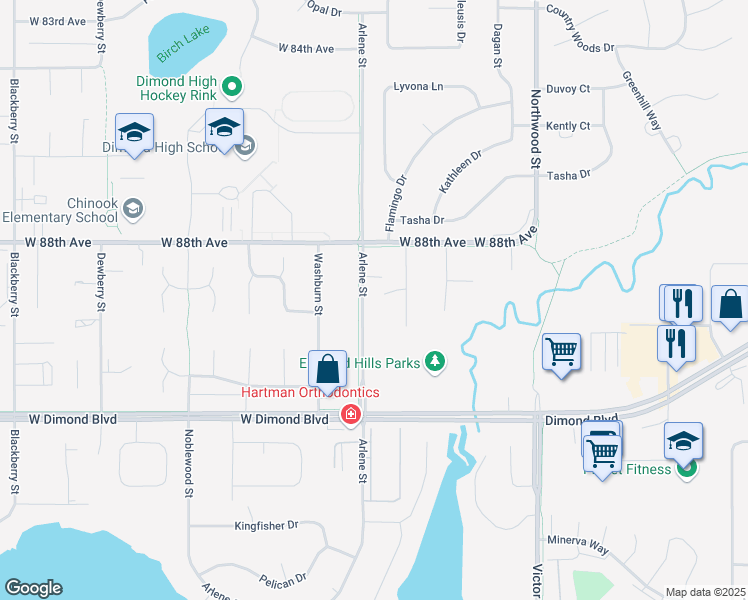 map of restaurants, bars, coffee shops, grocery stores, and more near 8907 Arlene Street in Anchorage