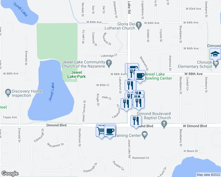 map of restaurants, bars, coffee shops, grocery stores, and more near 4030 West 89th Court in Anchorage