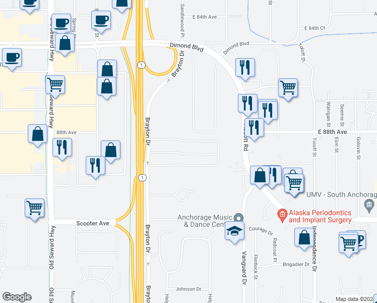 map of restaurants, bars, coffee shops, grocery stores, and more near 1485 North Heather Meadows Loop in Anchorage