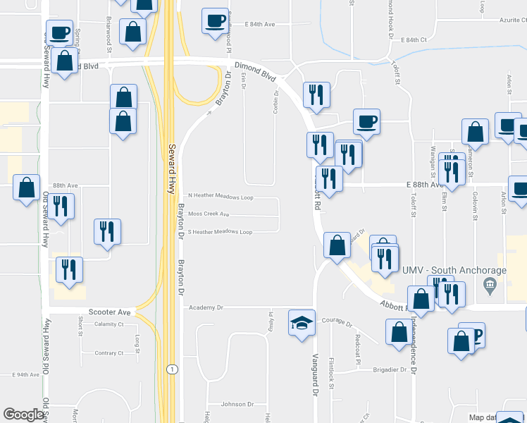 map of restaurants, bars, coffee shops, grocery stores, and more near 1701 Moss Creek Avenue in Anchorage