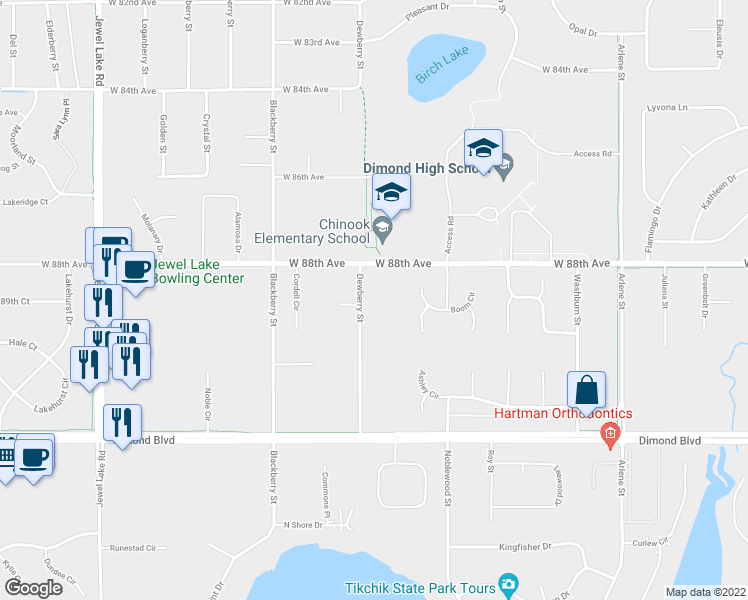 map of restaurants, bars, coffee shops, grocery stores, and more near 8837 Dewberry Street in Anchorage