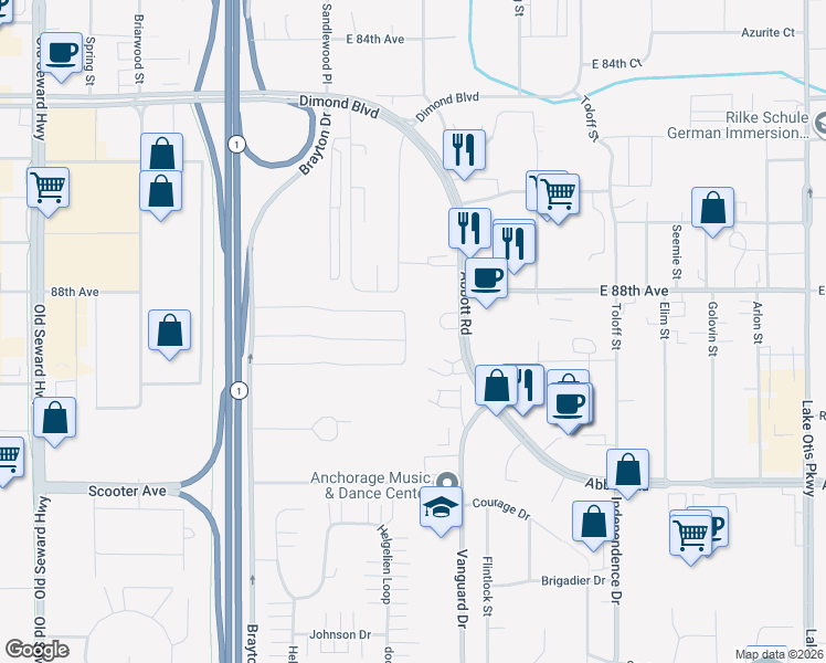 map of restaurants, bars, coffee shops, grocery stores, and more near 1643 North Heather Meadows Loop in Anchorage