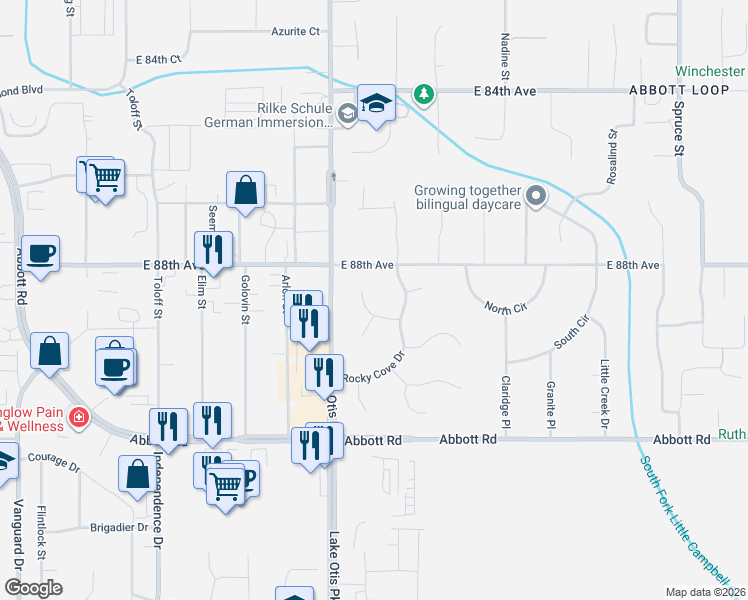 map of restaurants, bars, coffee shops, grocery stores, and more near 2648 Puffin Point Circle in Anchorage