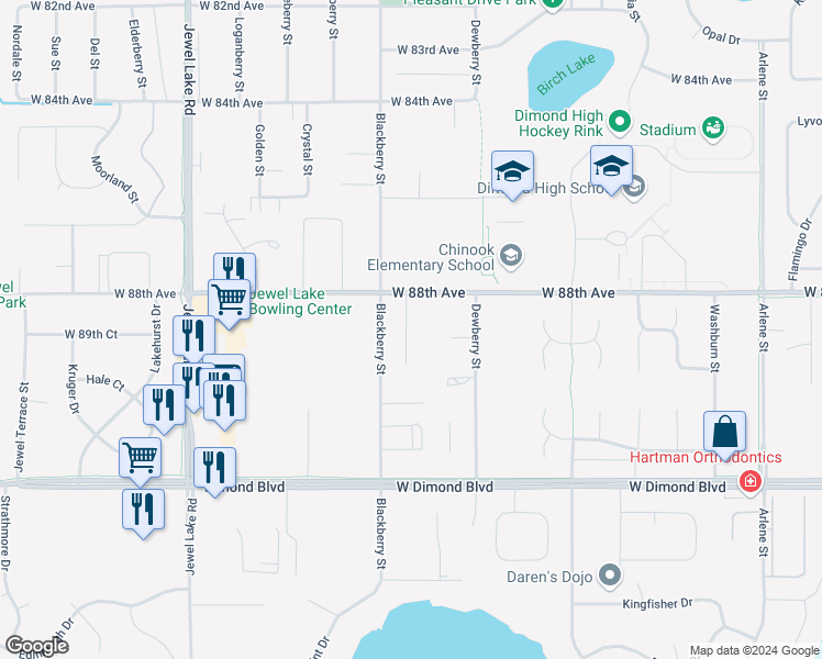 map of restaurants, bars, coffee shops, grocery stores, and more near 8841 Cordell Circle in Anchorage
