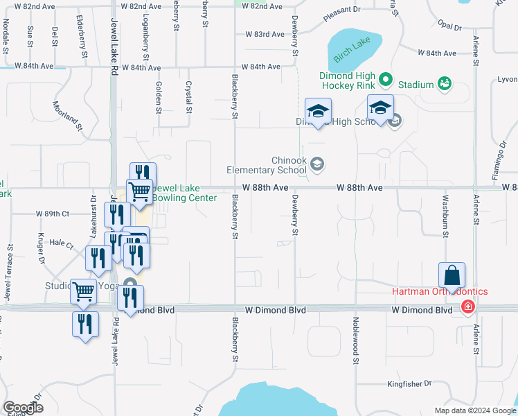 map of restaurants, bars, coffee shops, grocery stores, and more near 8821 Cordell Circle in Anchorage