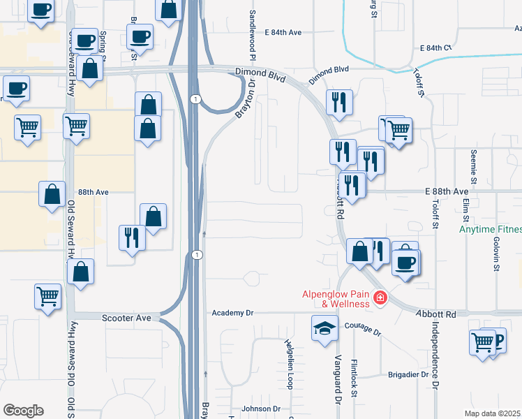 map of restaurants, bars, coffee shops, grocery stores, and more near 1540 North Heather Meadows Loop in Anchorage