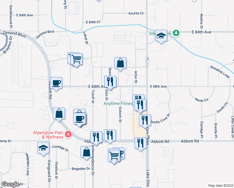 map of restaurants, bars, coffee shops, grocery stores, and more near 8810 Golovin Street in Anchorage