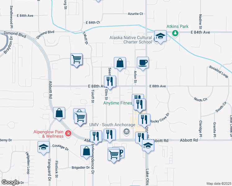 map of restaurants, bars, coffee shops, grocery stores, and more near 8820 Golovin Street in Anchorage