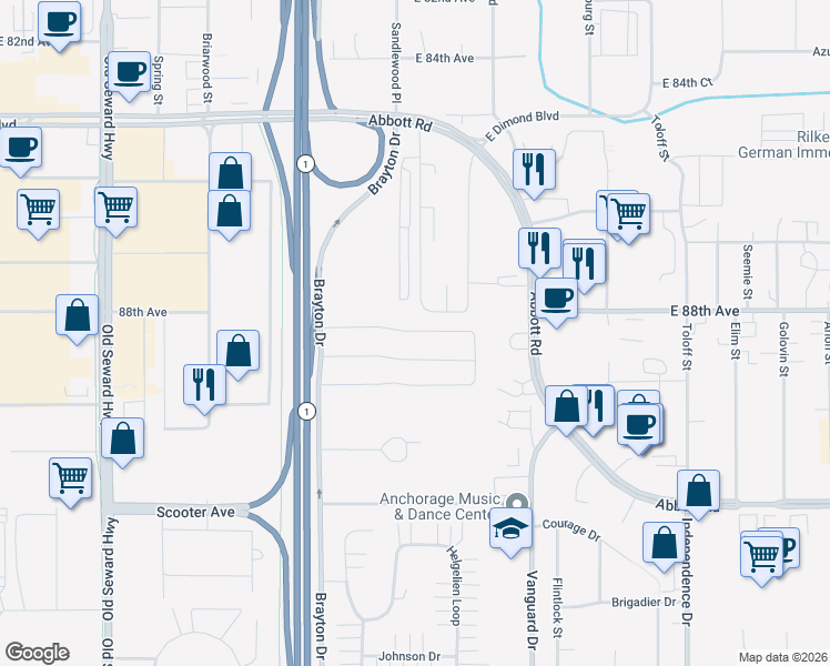 map of restaurants, bars, coffee shops, grocery stores, and more near 1764 South Heather Meadows Loop in Anchorage