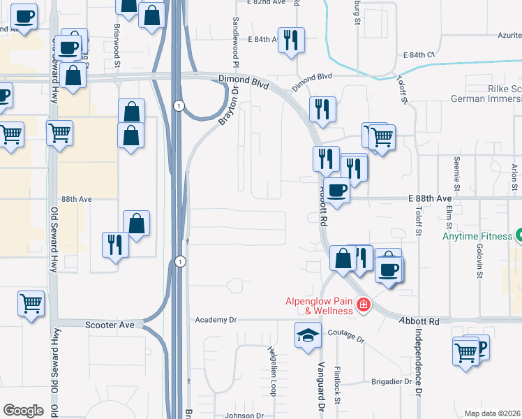 map of restaurants, bars, coffee shops, grocery stores, and more near 8731 Erin Drive in Anchorage