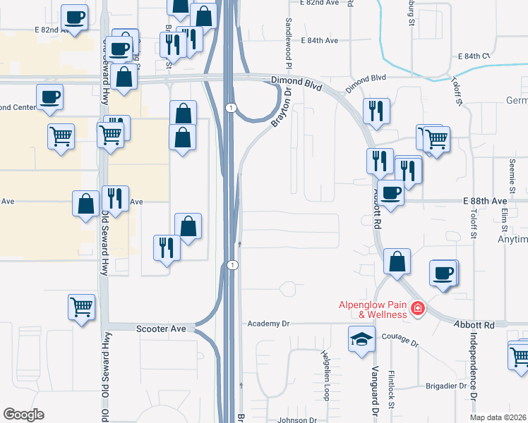 map of restaurants, bars, coffee shops, grocery stores, and more near 1485 North Heather Meadows Loop in Anchorage