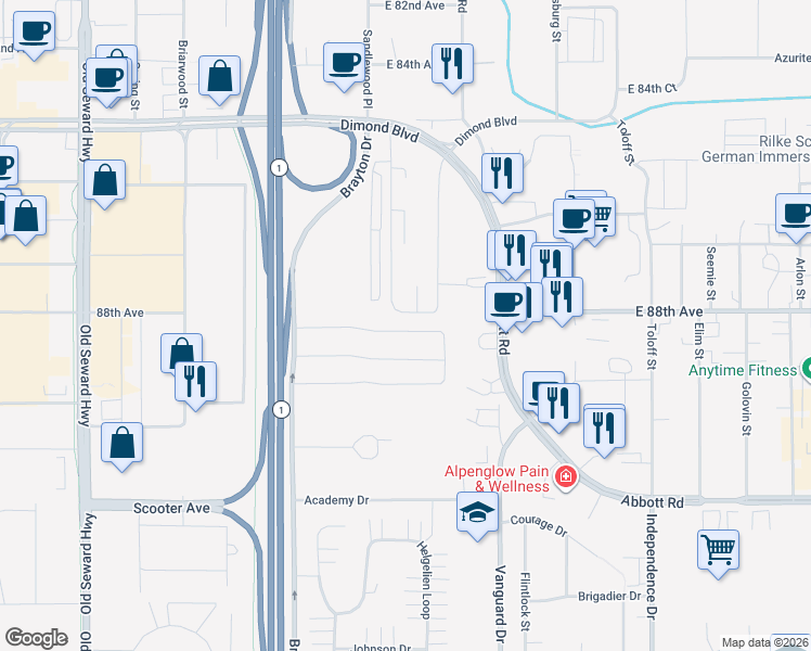 map of restaurants, bars, coffee shops, grocery stores, and more near 8731 Erin Drive in Anchorage