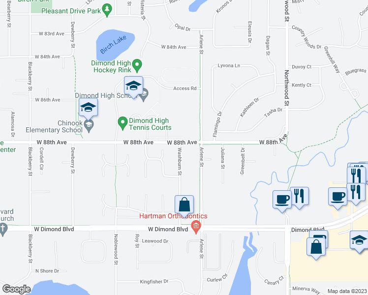 map of restaurants, bars, coffee shops, grocery stores, and more near 8807 Washburn Street in Anchorage