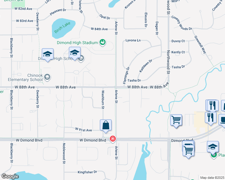 map of restaurants, bars, coffee shops, grocery stores, and more near 2621 West 88th Avenue in Anchorage