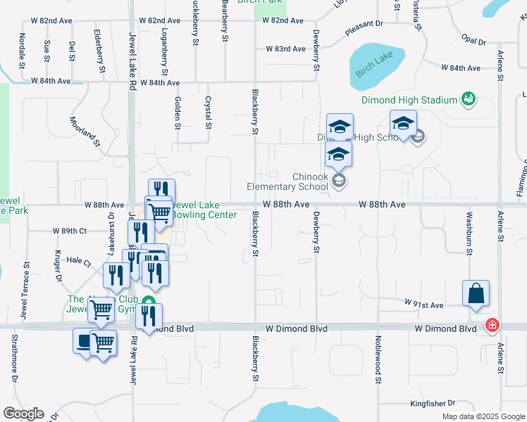 map of restaurants, bars, coffee shops, grocery stores, and more near 8720 Blackberry Street in Anchorage
