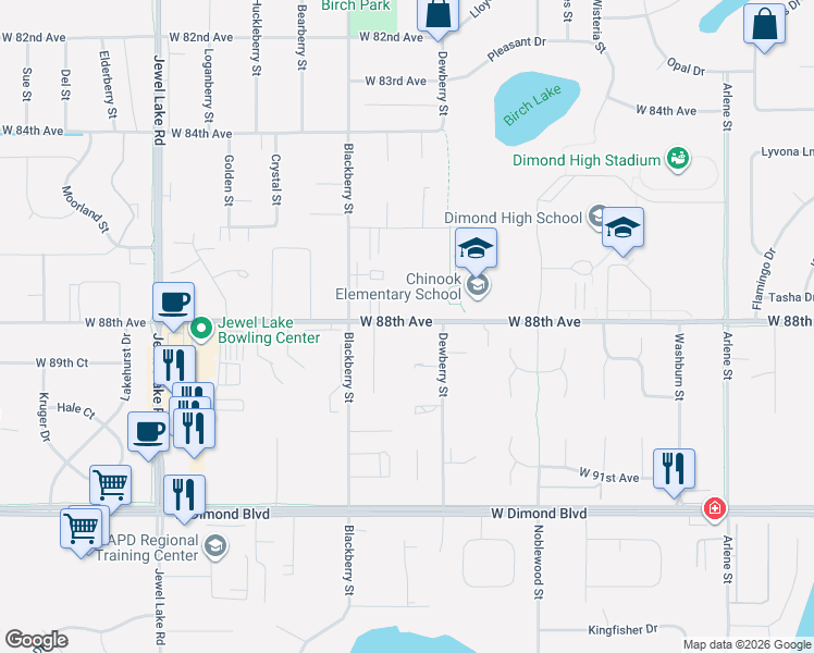 map of restaurants, bars, coffee shops, grocery stores, and more near 3312 West 88th Avenue in Anchorage