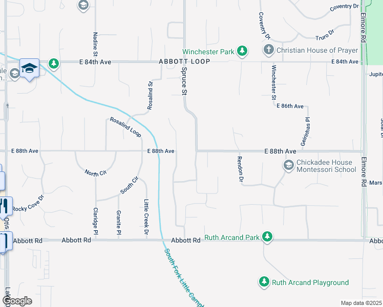 map of restaurants, bars, coffee shops, grocery stores, and more near 8802 Spruce Brook Street in Anchorage