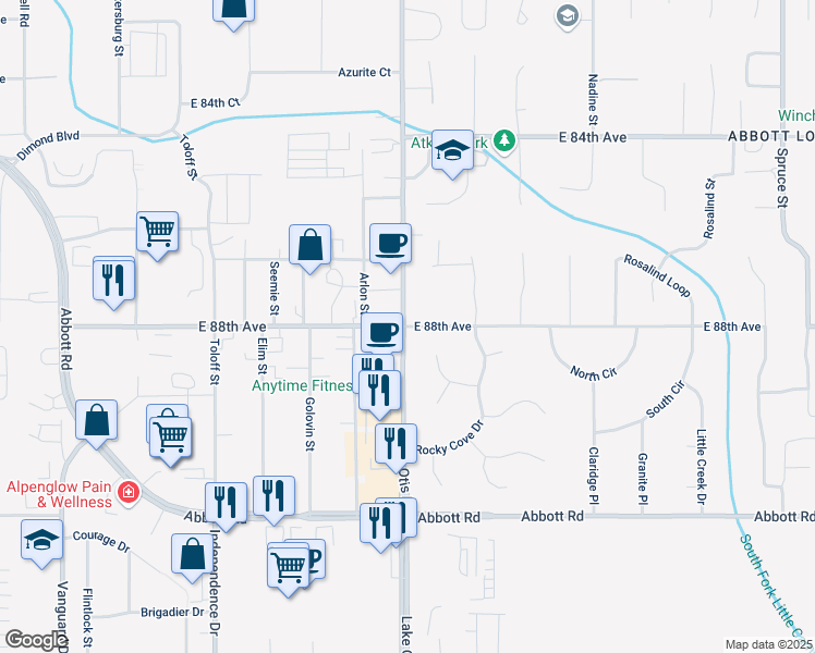 map of restaurants, bars, coffee shops, grocery stores, and more near Lake Otis Pkwy & E 88th Ave in Anchorage