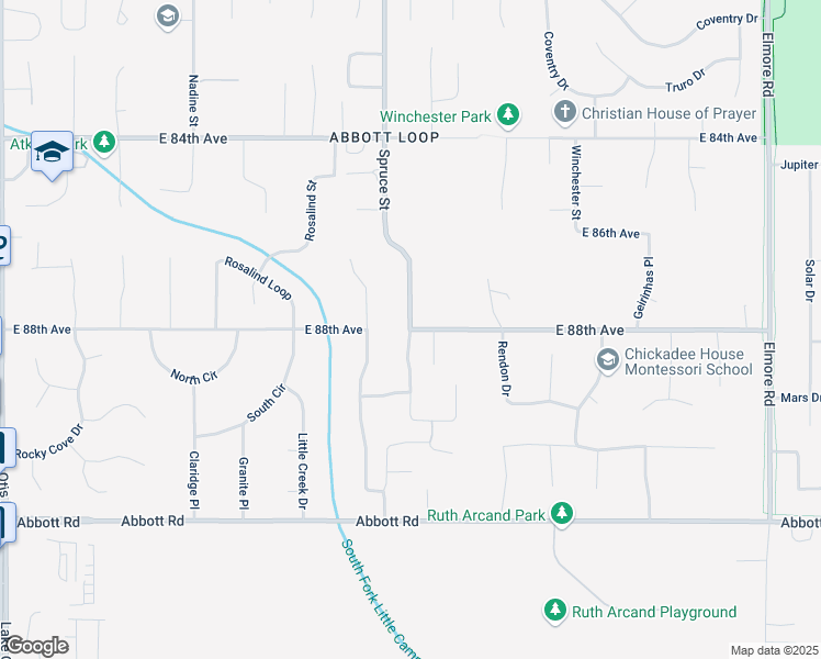 map of restaurants, bars, coffee shops, grocery stores, and more near 8754 Spruce Brook Street in Anchorage