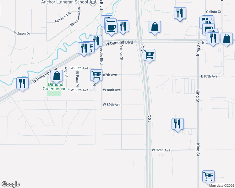 map of restaurants, bars, coffee shops, grocery stores, and more near 630 West 88th Avenue in Anchorage