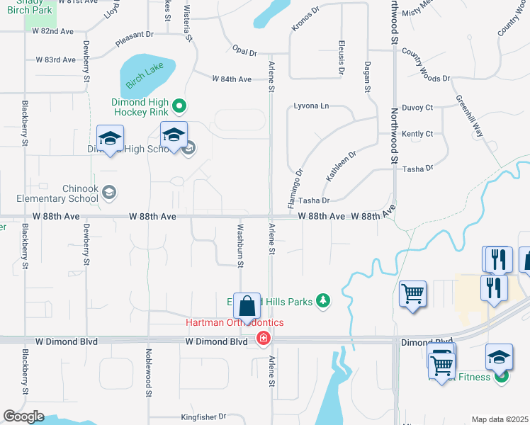 map of restaurants, bars, coffee shops, grocery stores, and more near 2909 West 88th Avenue in Anchorage