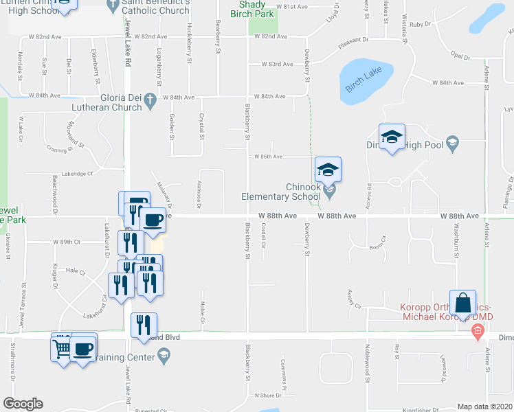 map of restaurants, bars, coffee shops, grocery stores, and more near 8720 Blackberry Street in Anchorage