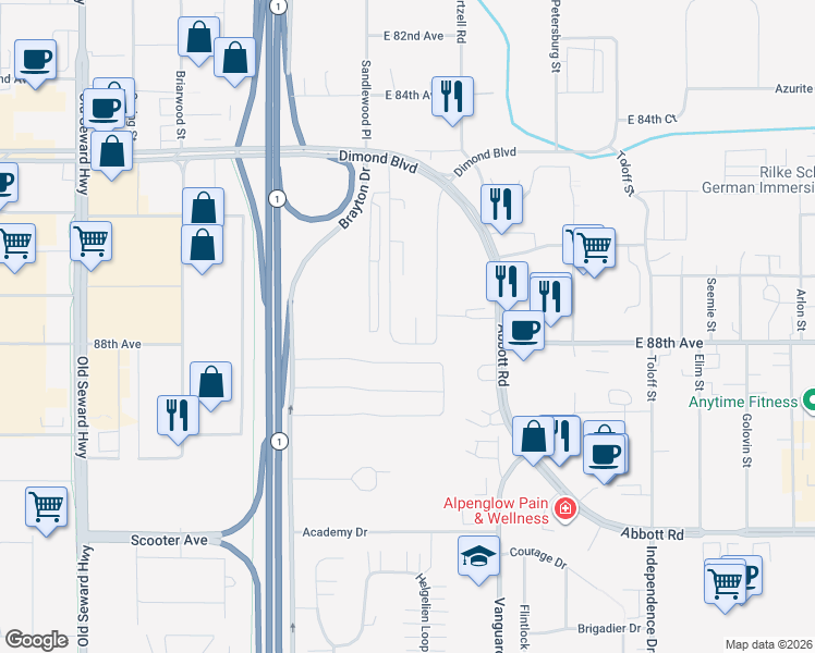 map of restaurants, bars, coffee shops, grocery stores, and more near 8731 Erin Drive in Anchorage