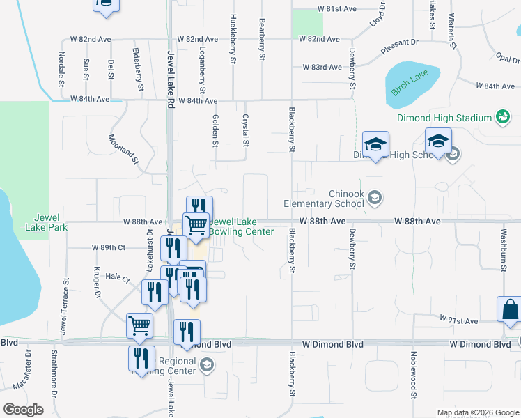 map of restaurants, bars, coffee shops, grocery stores, and more near 3510 Alamosa Drive in Anchorage