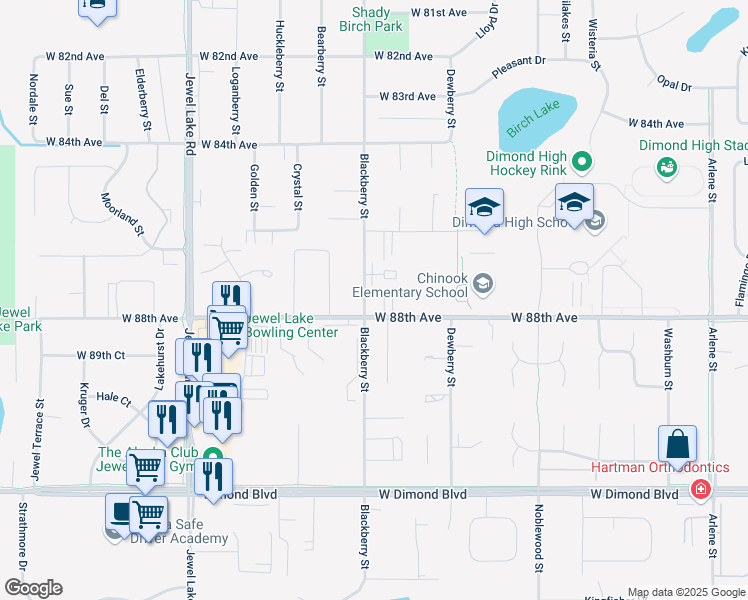 map of restaurants, bars, coffee shops, grocery stores, and more near 3441 West 88th Avenue in Anchorage