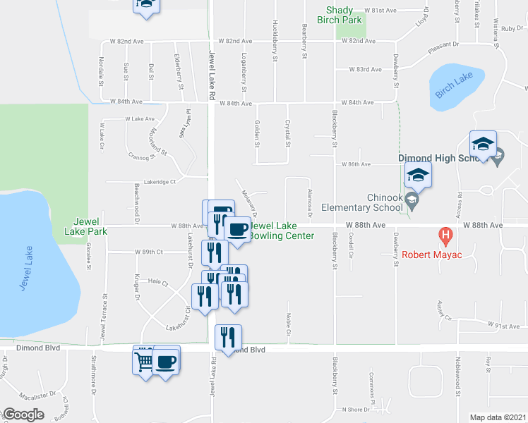map of restaurants, bars, coffee shops, grocery stores, and more near 8731 Molanary Drive in Anchorage