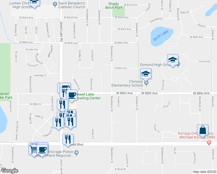 map of restaurants, bars, coffee shops, grocery stores, and more near 8720 Blackberry St in Anchorage