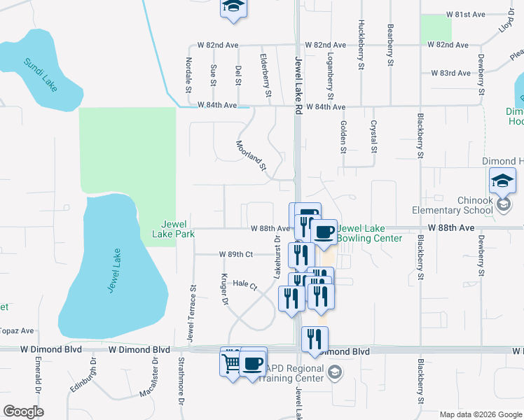 map of restaurants, bars, coffee shops, grocery stores, and more near 4025 West 88th Avenue in Anchorage