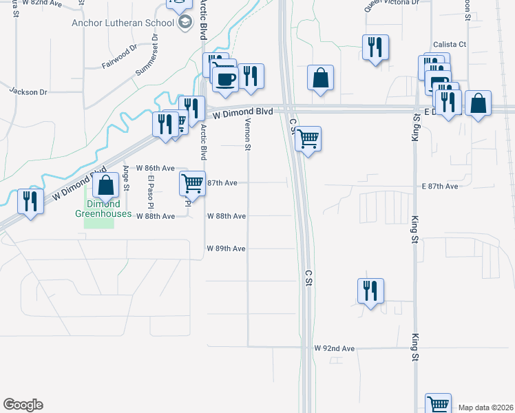 map of restaurants, bars, coffee shops, grocery stores, and more near 521 West 88th Avenue in Anchorage