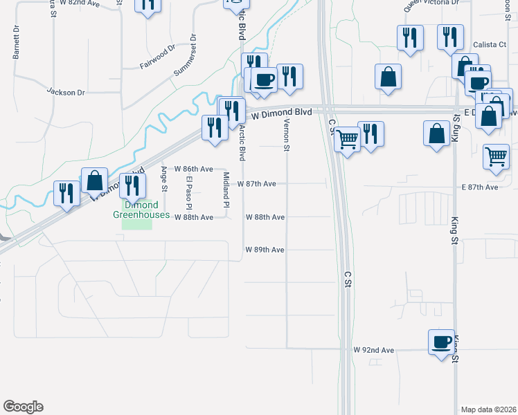 map of restaurants, bars, coffee shops, grocery stores, and more near 630 West 88th Avenue in Anchorage