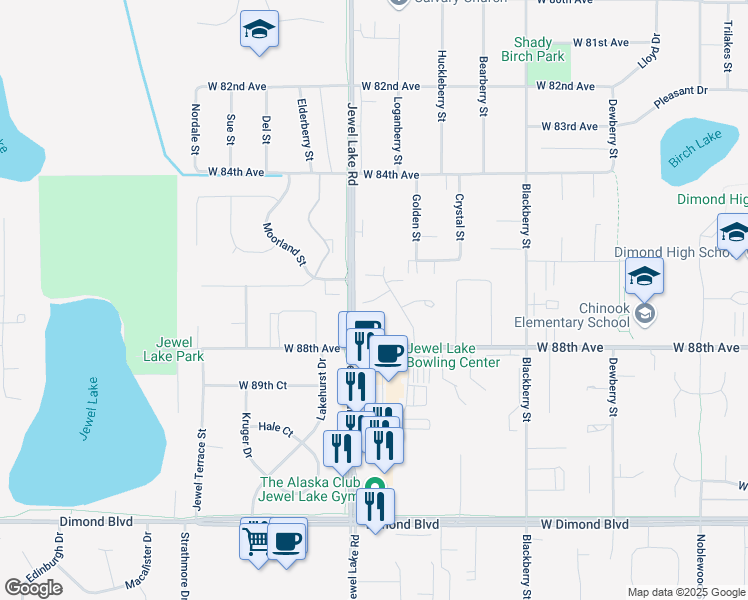 map of restaurants, bars, coffee shops, grocery stores, and more near 8735 Jewel Lake Road in Anchorage