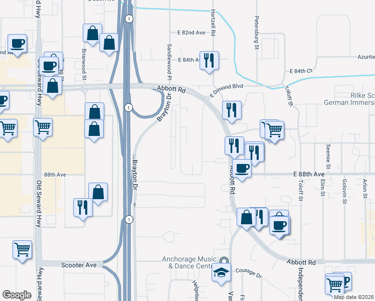 map of restaurants, bars, coffee shops, grocery stores, and more near 8731 Erin Drive in Anchorage