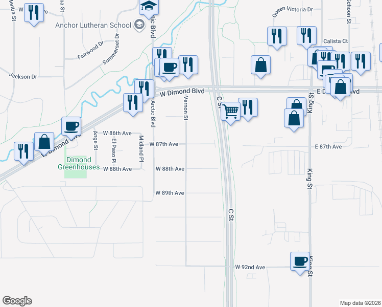 map of restaurants, bars, coffee shops, grocery stores, and more near 521 West 88th Avenue in Anchorage