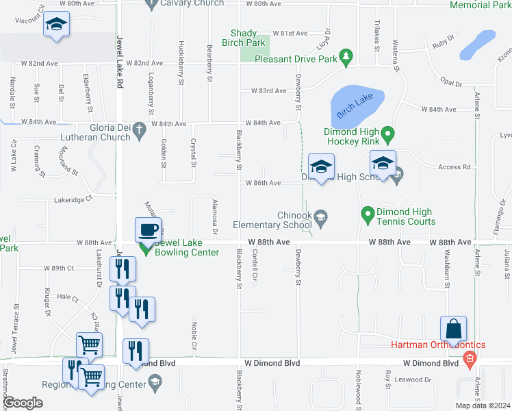 map of restaurants, bars, coffee shops, grocery stores, and more near 8641 Blackberry Street in Anchorage