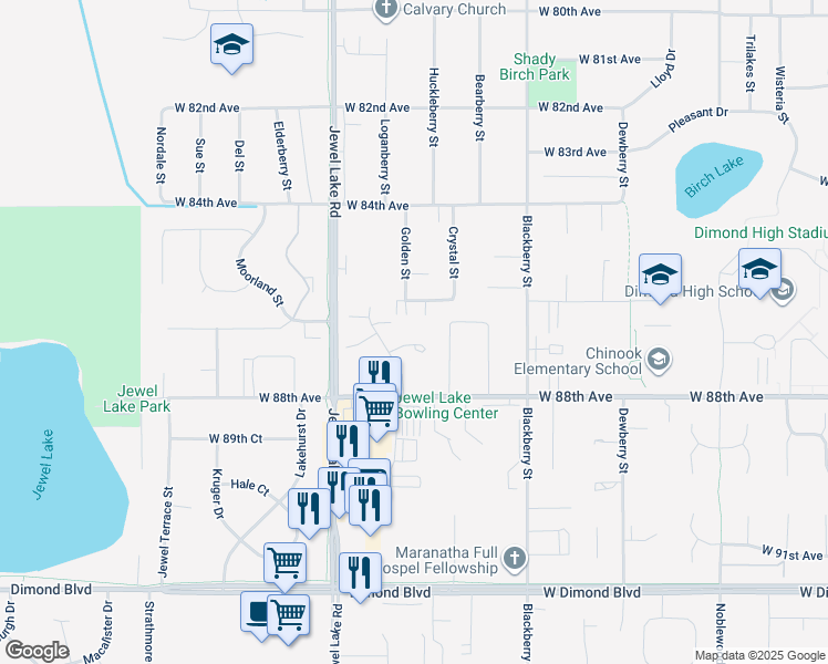 map of restaurants, bars, coffee shops, grocery stores, and more near 8543 Golden Street in Anchorage