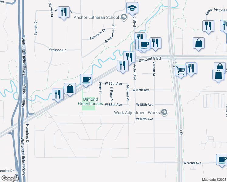 map of restaurants, bars, coffee shops, grocery stores, and more near 811 West 86th Avenue in Anchorage