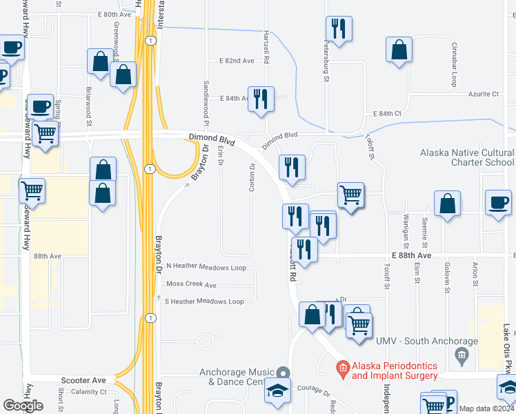 map of restaurants, bars, coffee shops, grocery stores, and more near 8607 Corbin Drive in Anchorage