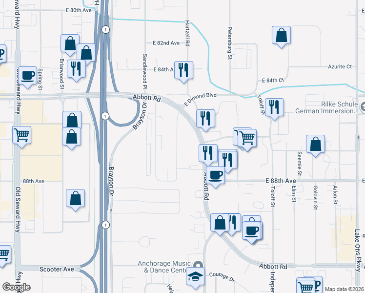 map of restaurants, bars, coffee shops, grocery stores, and more near 8607 Corbin Drive in Anchorage