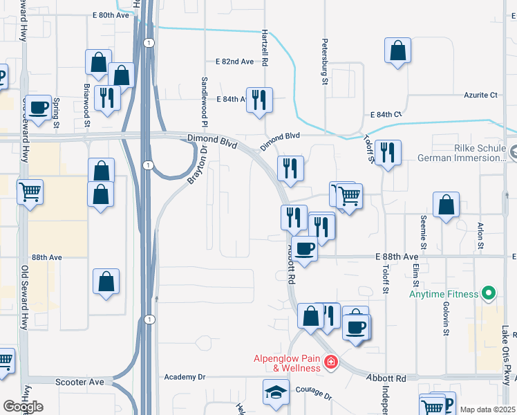 map of restaurants, bars, coffee shops, grocery stores, and more near 8537 Corbin Drive in Anchorage