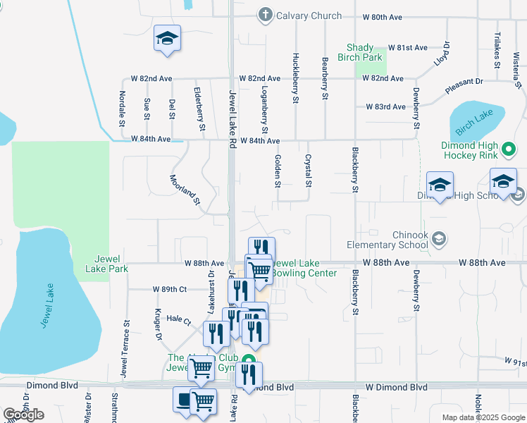 map of restaurants, bars, coffee shops, grocery stores, and more near 8525 Jewel Lake Road in Anchorage
