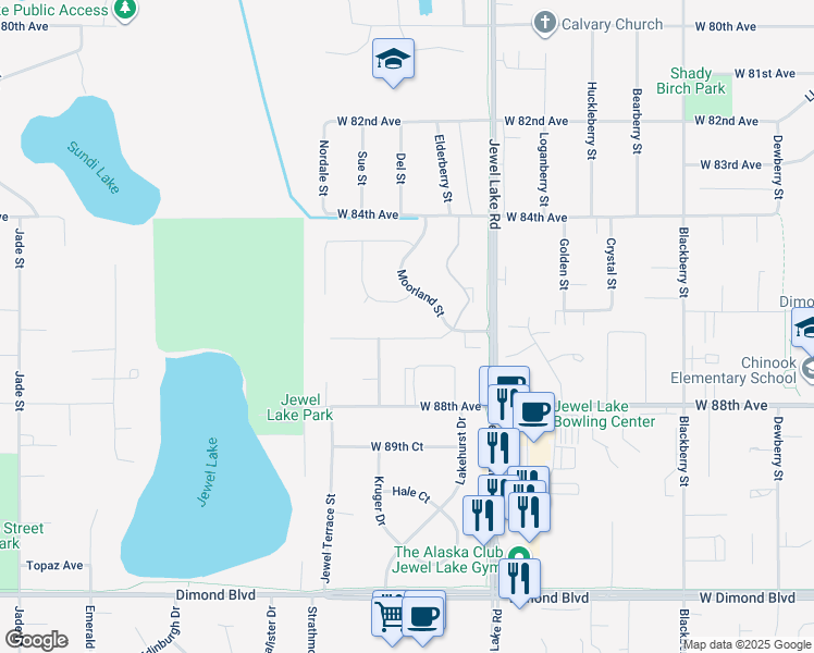 map of restaurants, bars, coffee shops, grocery stores, and more near 8566 Moorland Street in Anchorage