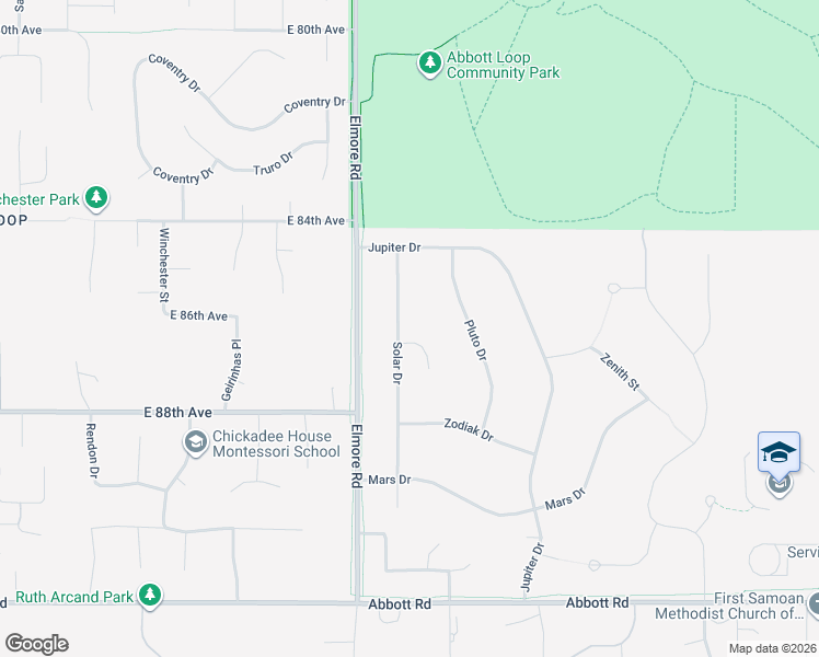 map of restaurants, bars, coffee shops, grocery stores, and more near 8541 Solar Drive in Anchorage