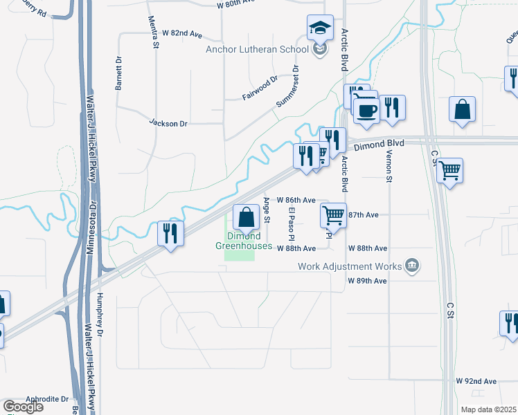 map of restaurants, bars, coffee shops, grocery stores, and more near 920 West Dimond Boulevard in Anchorage