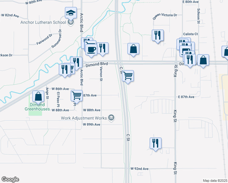 map of restaurants, bars, coffee shops, grocery stores, and more near 427 W 87th Ave in Anchorage