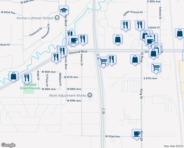 map of restaurants, bars, coffee shops, grocery stores, and more near 427 West 87th Avenue in Anchorage