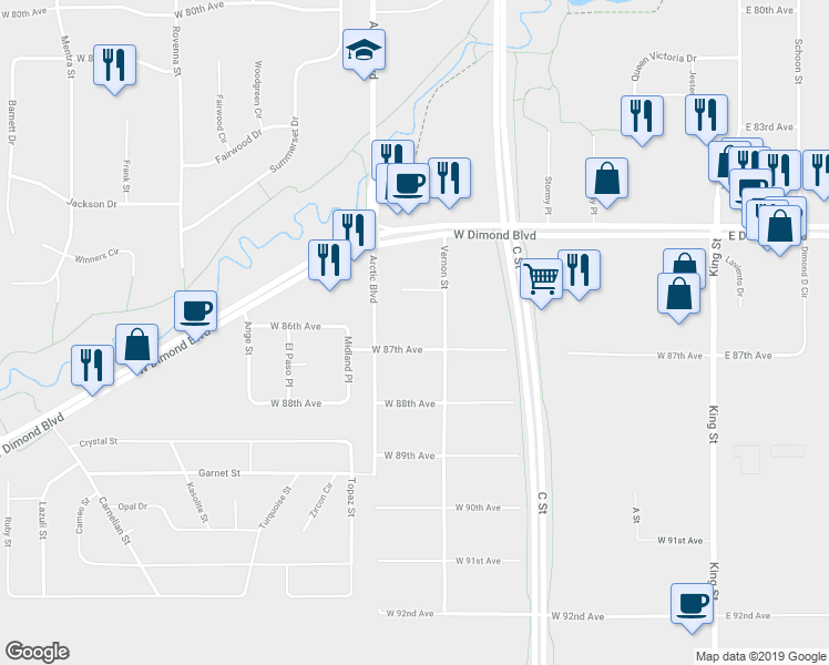 map of restaurants, bars, coffee shops, grocery stores, and more near 635 West 87th Avenue in Anchorage